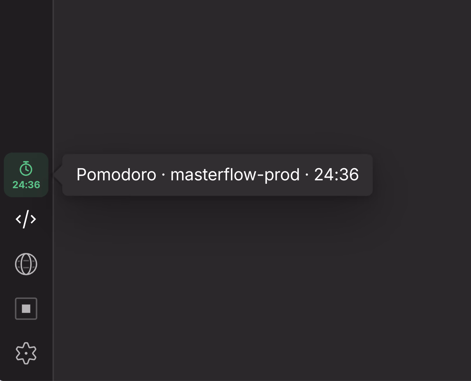 Screen showing a Pomodoro timer labeled 'masterflow-prod' with 24 minutes and 36 seconds remaining, next to a green stopwatch icon on a dark interface sidebar.