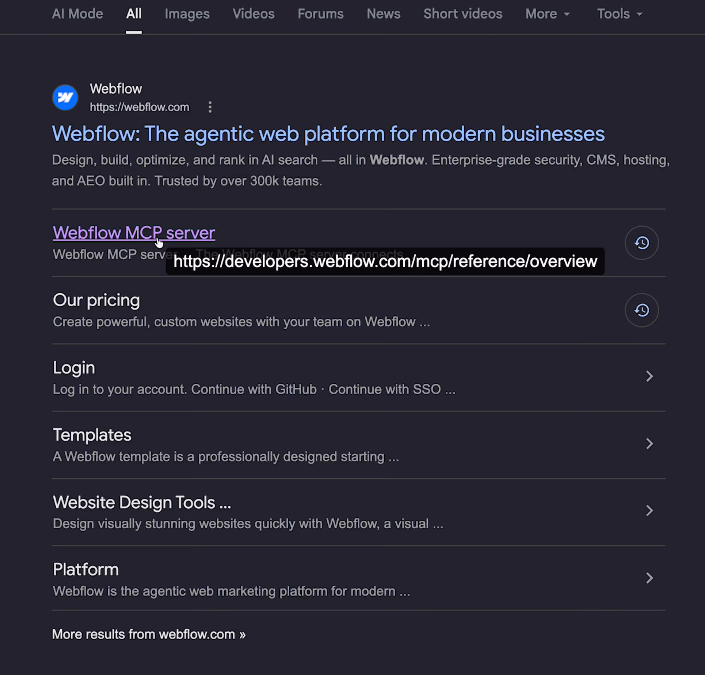 Search results page showing Webflow website with links to MCP server, pricing, login, templates, design tools, and platform information.