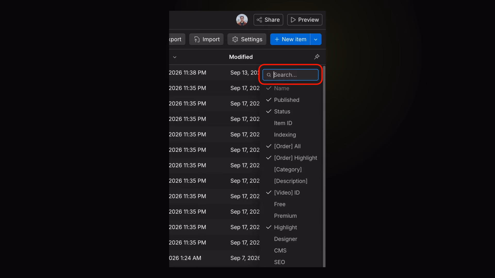 CMS Column Pin Search